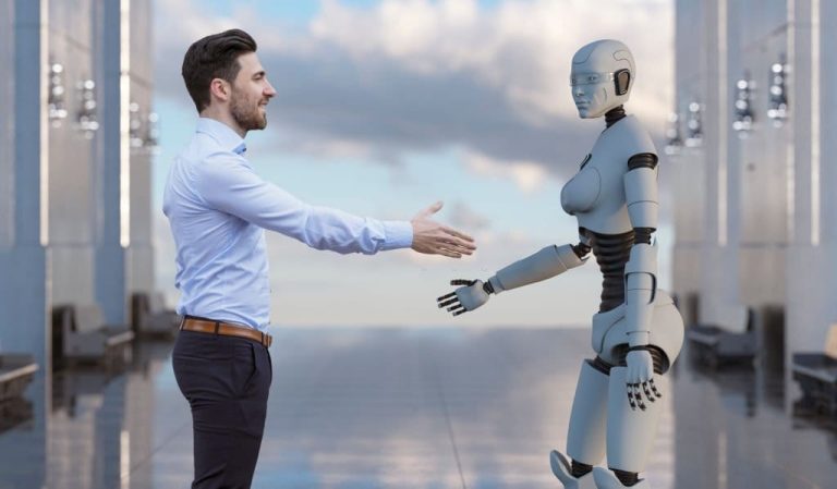 Businessman shaking hands with futuristic cyborg.