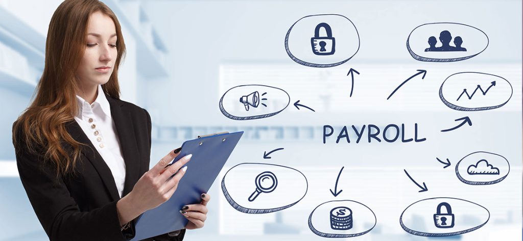 Seorang profesional HR memeriksa data penggajian dengan ilustrasi fitur payroll software seperti keamanan data, analisis, dan cloud computing.