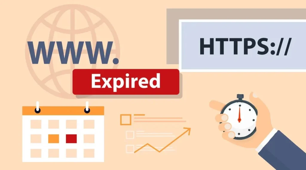 Ilustrasi domain expired dengan ikon WWW, HTTPS, kalender, grafik SEO, dan stopwatch sebagai simbol urgensi pembelian