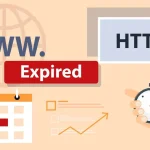 Ilustrasi domain expired dengan ikon WWW, HTTPS, kalender, grafik SEO, dan stopwatch sebagai simbol urgensi pembelian