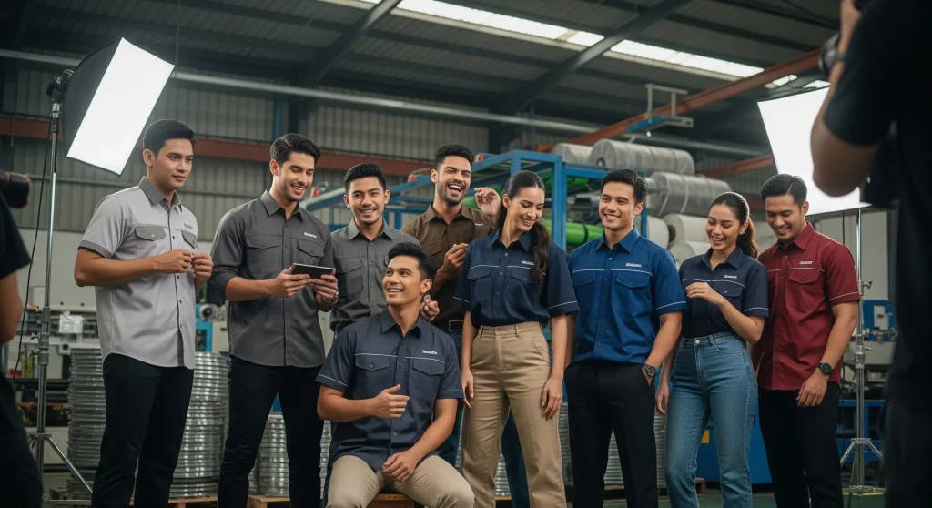 Tim karyawan mengenakan seragam kerja perusahaan saat sesi pemotretan di area produksi, menampilkan identitas brand yang profesional dan kompak