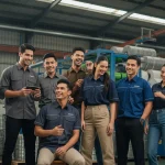 Tim karyawan mengenakan seragam kerja perusahaan saat sesi pemotretan di area produksi, menampilkan identitas brand yang profesional dan kompak