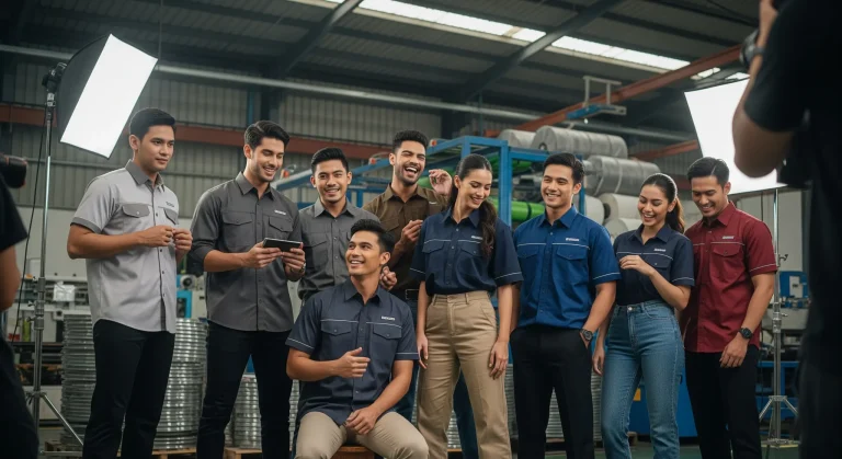Tim karyawan mengenakan seragam kerja perusahaan saat sesi pemotretan di area produksi, menampilkan identitas brand yang profesional dan kompak